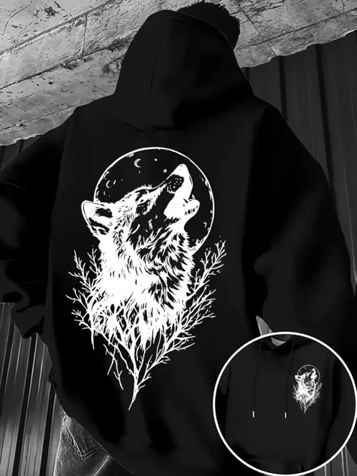 Unisex Oversize Kurt Baskılı Siyah Hoodie – Doğa Ve Gece Temalı Streetwear Sweatshirt