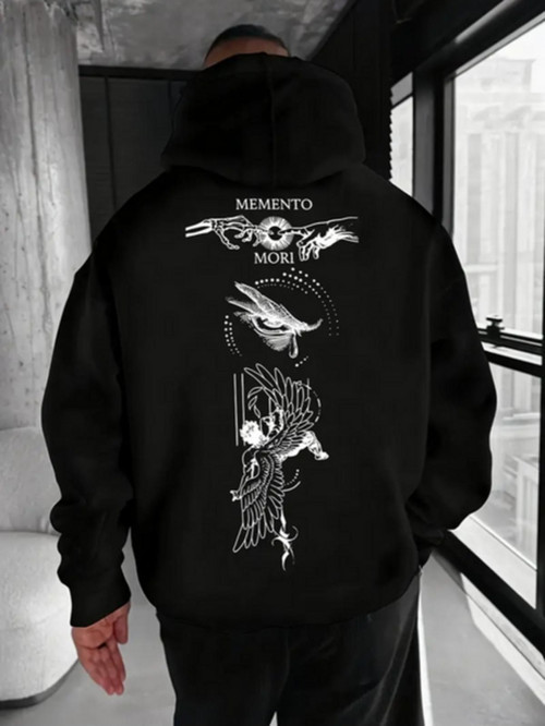 Unisex Oversize Memento Mori Baskılı Siyah Hoodie – Tarz Streetwear Kapüşonlu Sweatshirt
