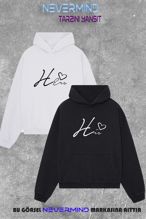 Unisex Çift Kombini 2’Li Oversize Hoodie Kalp & Göz Tasarımlı Sweatshirt – Sevgili Kombini
