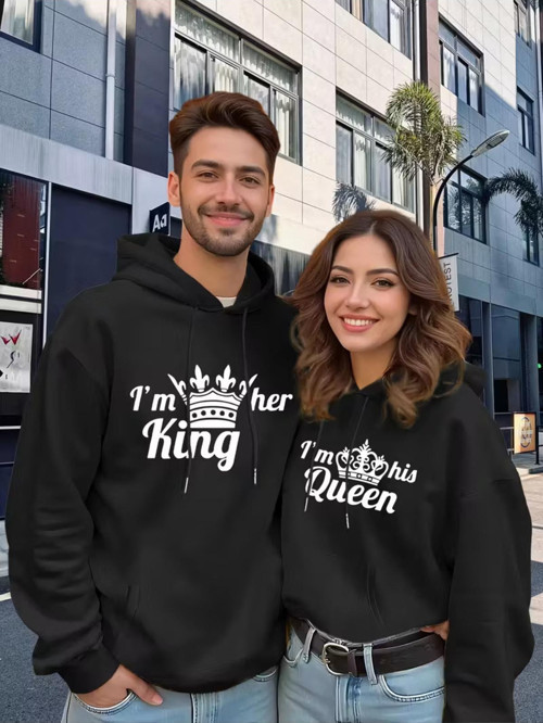 Sevgili Çift Kombin King And Queen Baskılı Özel Tasarım Kapüşonlu Sweatshirt 2Li Set Takım