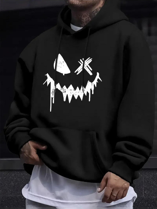 Unisex Oversize Gülümseyen Surat Baskılı Siyah Hoodie – Streetwear Tarz Kapüşonlu Sweatshirt