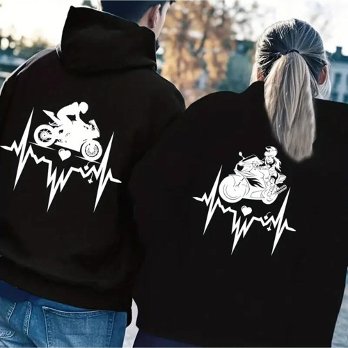 Sevgili Kombini Oversize Hoodie – Motosiklet Kalp Ritmi Baskılı 3 İplik Unisex Sweatshirt 2'Li