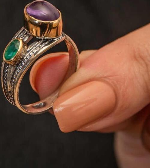 Gümüş Ametist Taşlı Zümrüt Otantik Ayarlanabilir Kadın Yüzük