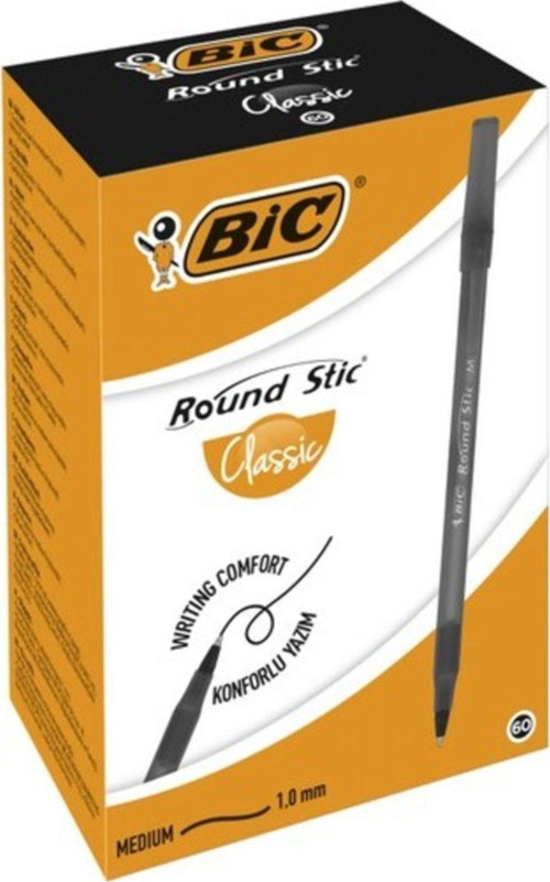 Round Stic Tükenmez Kalem Yağ Bazlı 1,0 Mm Medium Uç Siyah (60 Lı Kutu)