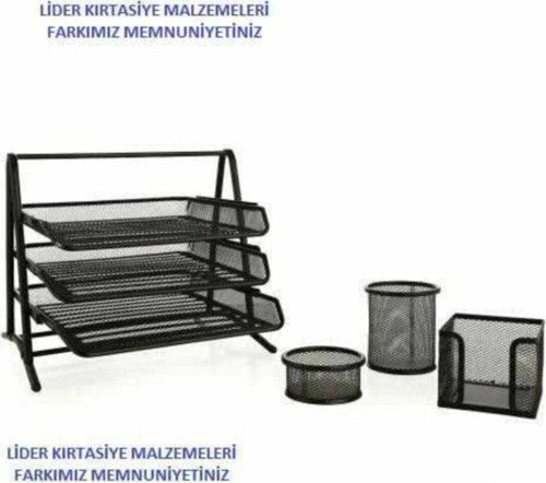 Metal Evrak Rafı 3 Katlı Ve Kalemlik Seti Siyah