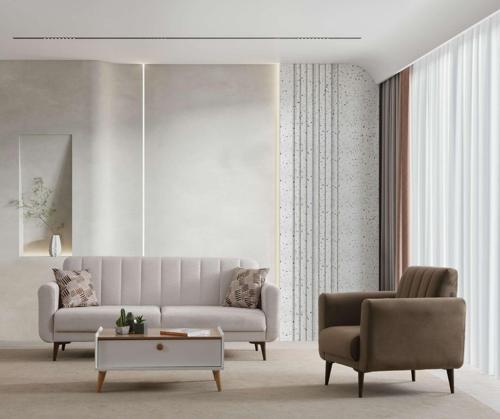 Bona 3+1 Berjer Koltuk Takımı Bej (Valebo-03-Valebo-06) Ceviz Ayak