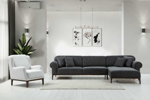 London Sırt Mekanizmalı Uzanmalı Köşe Takım + Berjer Koyu Gri + Ares Beyaz