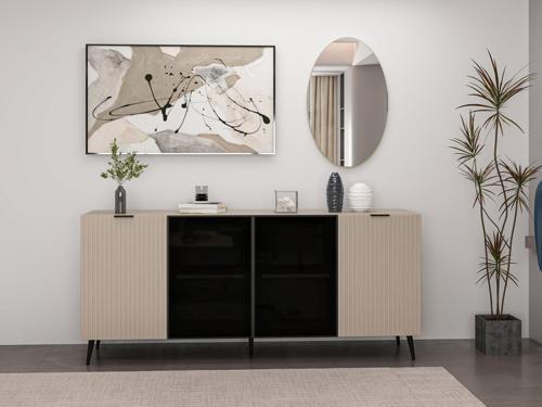 Kale Cam Kapak Aynalı Konsol Plus Kumtaşı/Kumtaşı Füme Cam