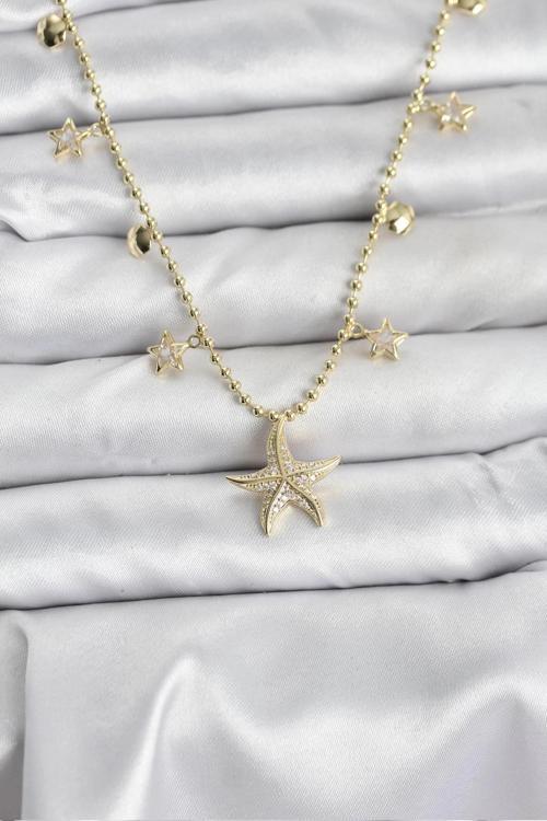 Pirinç Gold Renk Zirkon Taşlı Deniz Yıldızı Model Kadın Kolye