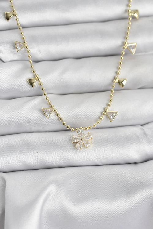 Pirinç Gold Renk Zirkon Taşlı Çiçek Model Kadın Kolye