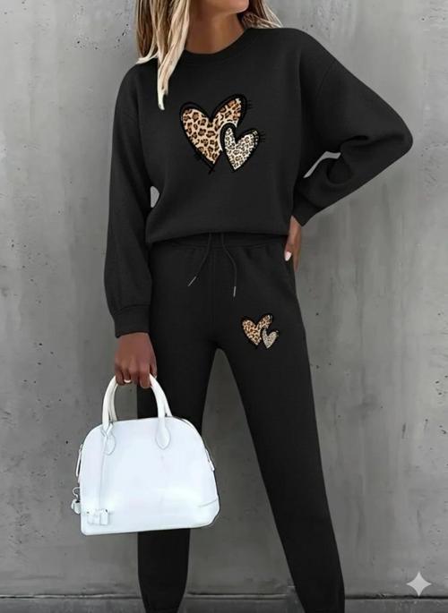 MDB Kadın Uzun Kollu Bisiklet Yaka Kalp Desenli şardonlu üç Iplik Bluz Ve Pantolon Ikili Takım