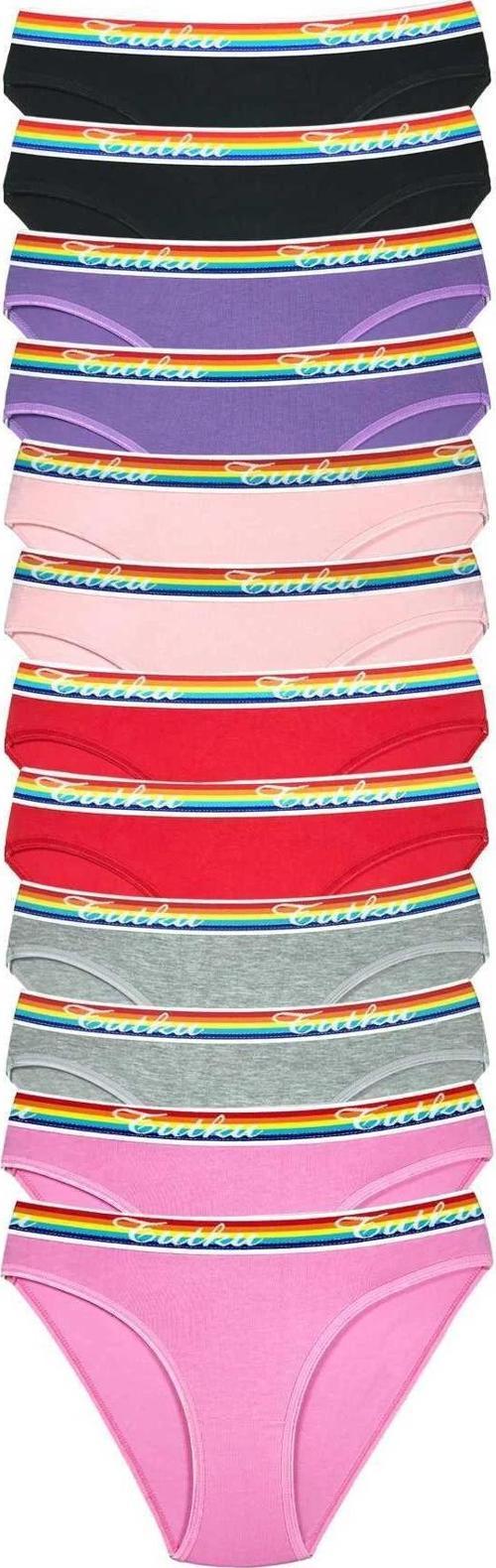 12 Adet Beli Renkli Lastik Pamuklu Kadın Slip Tutku Külot