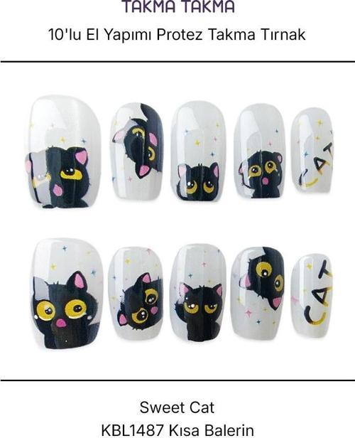 10'lu Siyah Kısa Balerin KBL1487 Tekrar Kullanılabilir El Yapımı Protez Takma Tırnak Siyah-XS