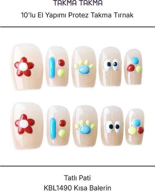 10'lu Ten Rengi Kısa Balerin  KBL1490 Tekrar Kullanılabilir El Yapımı Protez Takma Tırnak Ten Rengi-S