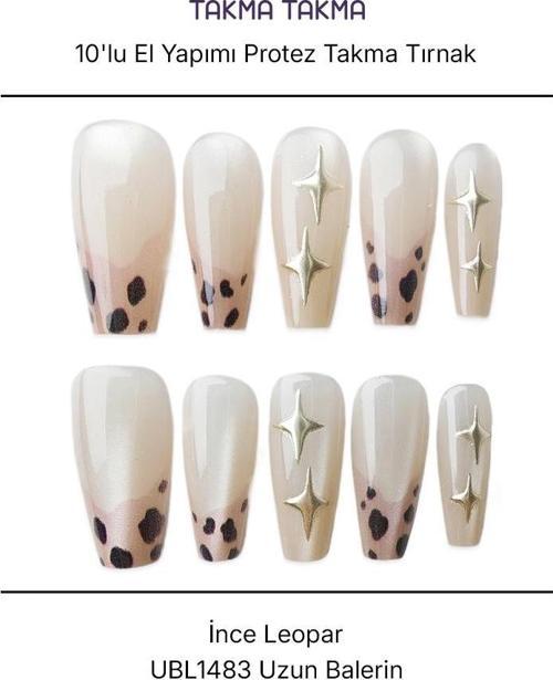 10'lu Ten Rengi Uzun Balerin UBL1483 Tekrar Kullanılabilir El Yapımı Protez Takma Tırnak Ten Rengi-S