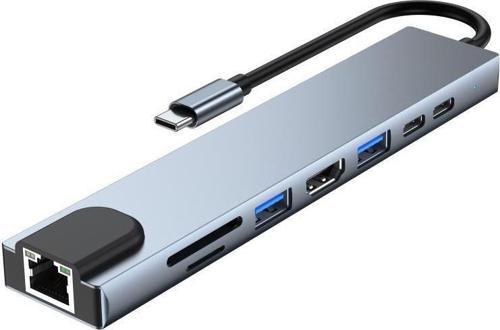 PrimeX PX-U520 4K@30Hz Gri Metal Type-C to 4K HDMI+USB 3.0+RJ45+SD Kart+PD şarj Çevirici Adaptör