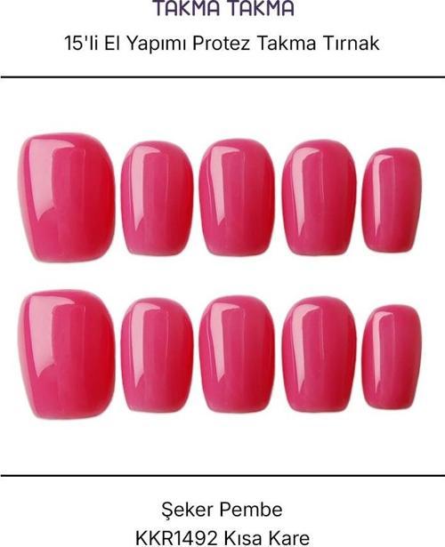 15'li Pembe Kısa Kare KKR1492 Tekrar Kullanılabilir El Yapımı Protez Takma Tırnak Pembe-S