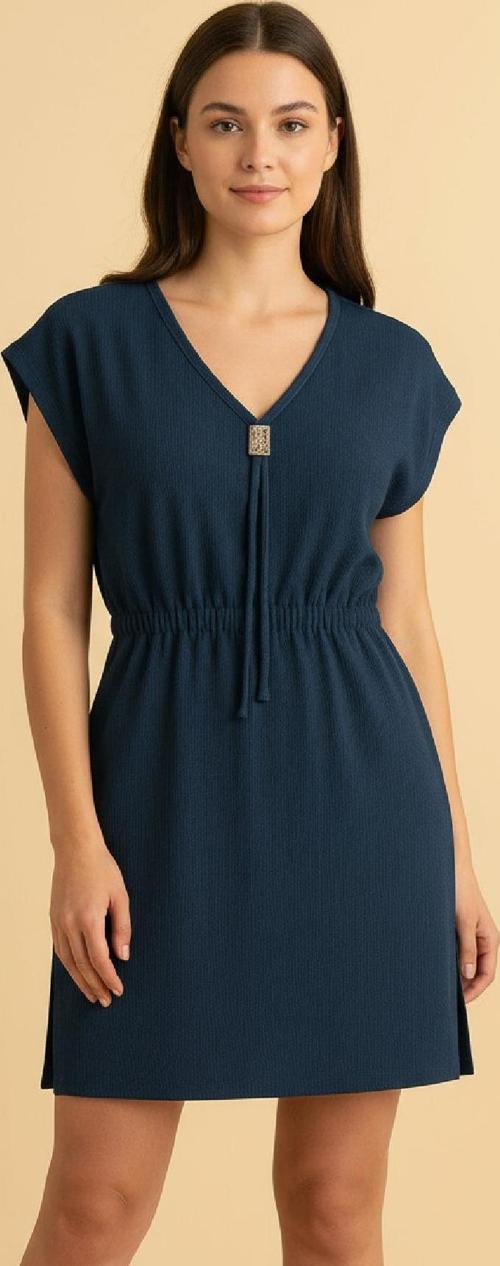 Kadın Lacivert Yanları Yırtmaçlı Tokalı V Yaka Mini Plaj Elbisesi