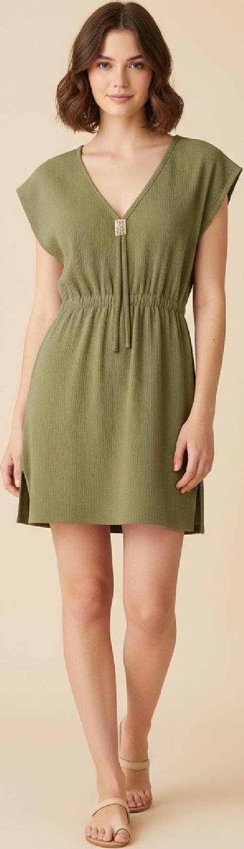 Kadın Haki Yanları Yırtmaçlı Tokalı V Yaka Mini Plaj Elbisesi