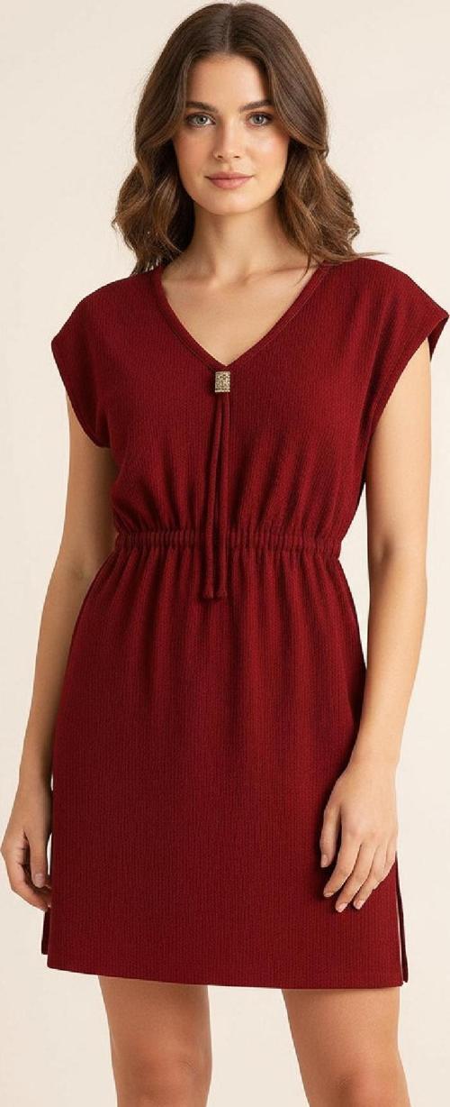 Kadın Bordo Yanları Yırtmaçlı Tokalı V Yaka Mini Plaj Elbisesi