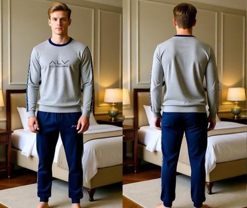 Erkek Pamuklu Gri Melanj - Lacivert Renk Pijama Takımı AL003-2