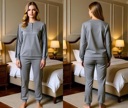 Kadın Pamuklu Koyu Gri Renk Pijama Takımı AL507-2