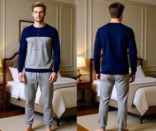 Erkek Pamuklu Lacivert - Gri Renk Pijama Takımı AL008