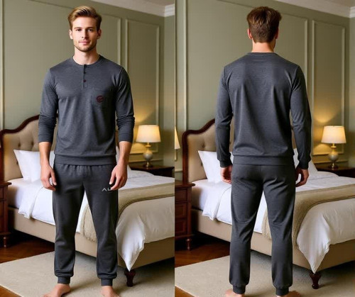Erkek Pamuklu Koyu Gri Renk Pijama Takımı AL007-2