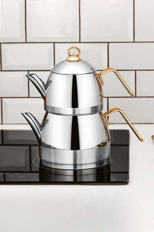 Zümrüt Çaydanlık 18/10 Paslanmaz Çelik Orta Boy Gold Saplı