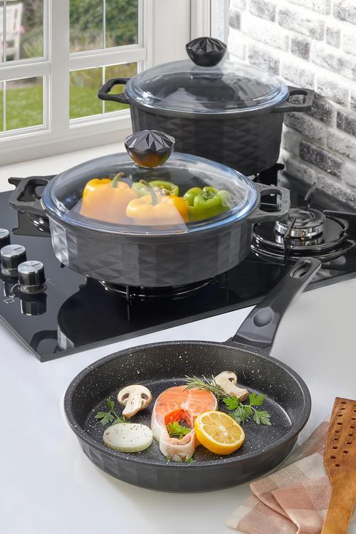 Kristal Döküm Granit Tencere Ve Tava Seti 5 Parça Siyah