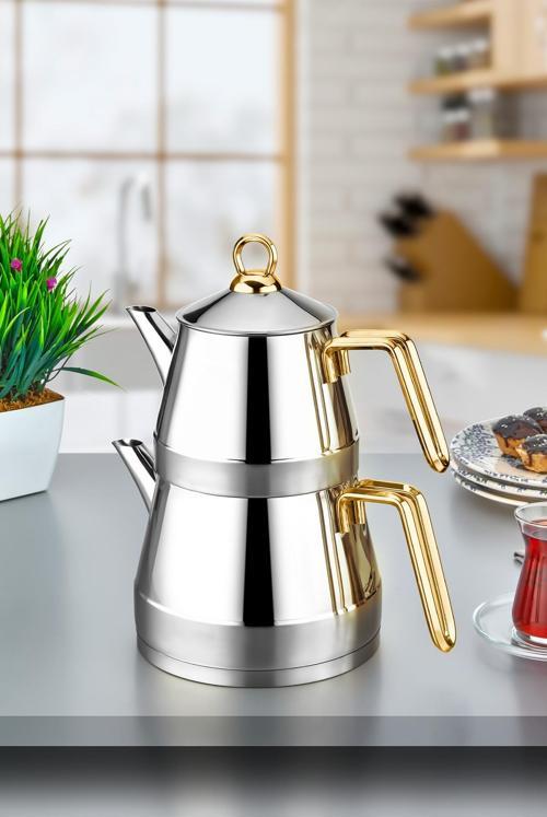 Venedik Çaydanlık 18/10 Paslanmaz Çelik Büyük Boy Gold Saplı.