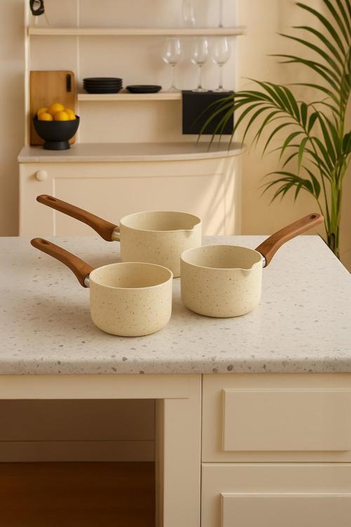 Lufian Granit Lüks Sütlük Ahşap Saplı 3'Lü