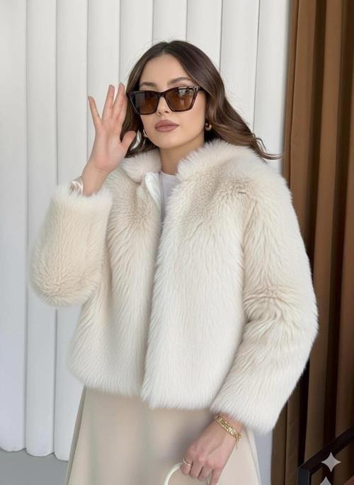 Fermuarlı kısa kürk siyah ekru t7746