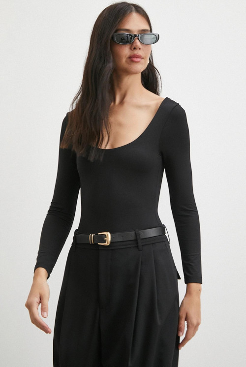 U Yaka Uzun Kollu Çıtçıtlı Bodysuit Siyah