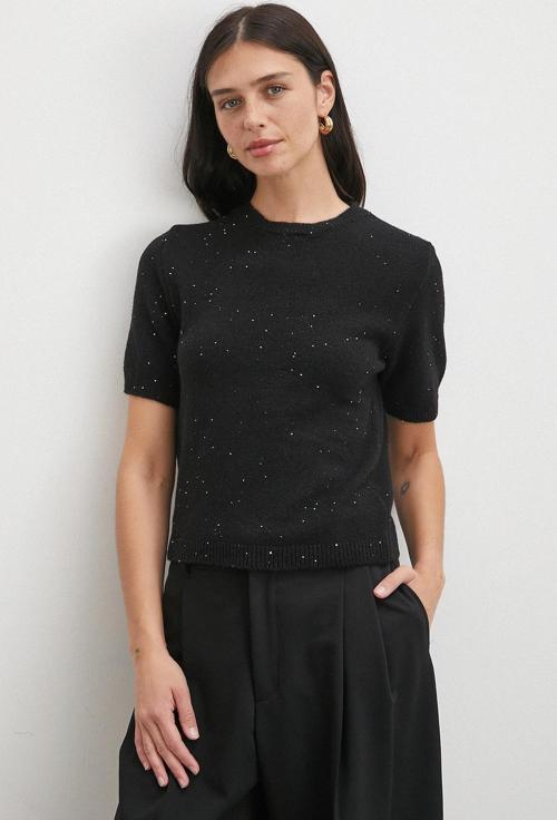 Simli Kısa Kol Kazak Siyah