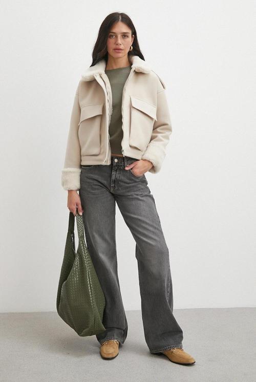 Apoletli Yünlü Körük Cepli Kaşe Mont Bej