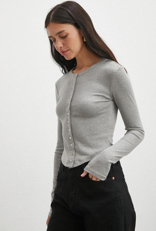 Düğmeli Uzun Kol Bluz Gri