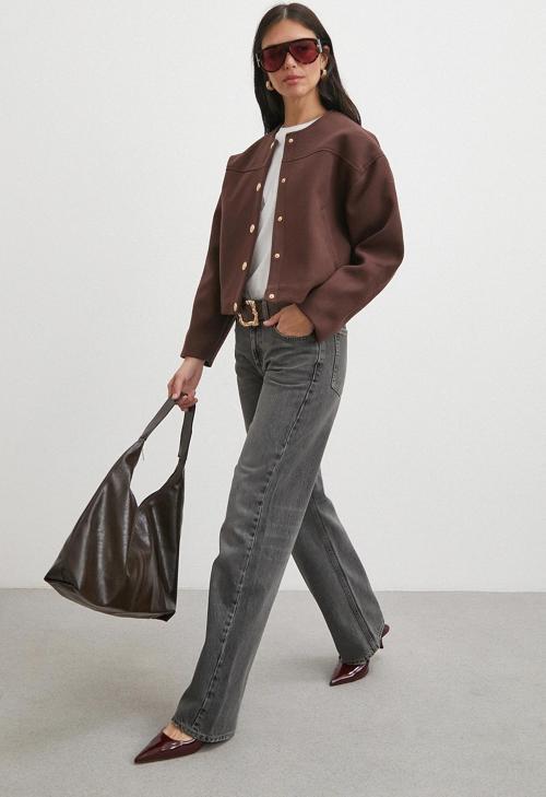 Beli Lastikli Düğmeli Bomber Ceket Kahve