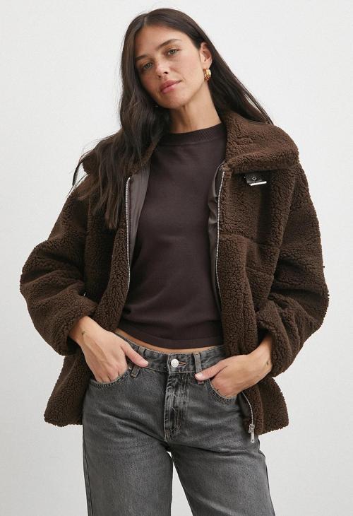 Yaka Detaylı Peluş Mont Kahve