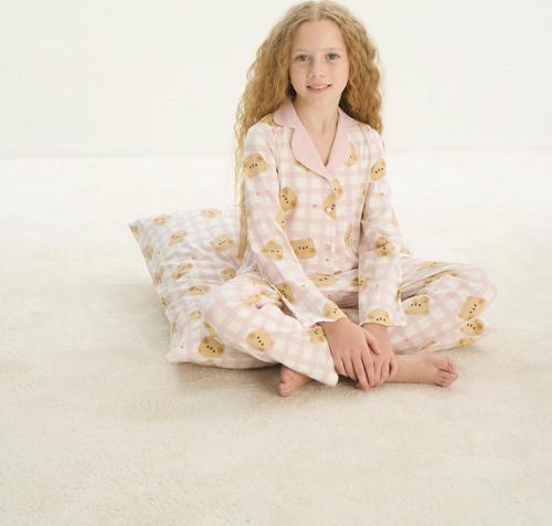 8758 Kız Çocuk Önden Düğmeli Uzun Kol Pijama Takım