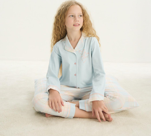 8753 Kız Çocuk Önden Düğmeli Uzun Kollu Pijama Takım