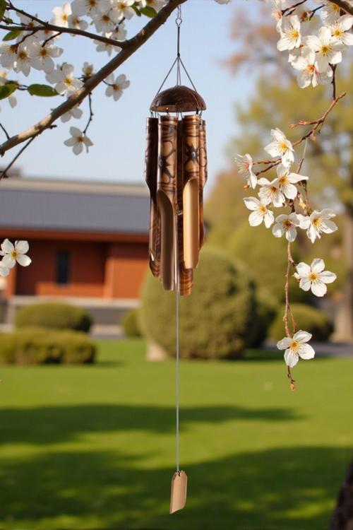 Çiçek Desenli Otantik Coconut Kapaklı El Yapımı Doğal Bambu Rüzgar Çanı 50cm Balkon Dekoru Hediyelik