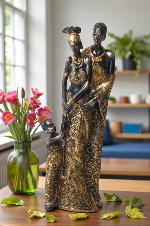 Lüks İşlemeli Geleneksel Yerel Kıyafetli Afrikalı Aile Heykeli Dekoratif Biblo Ev Ofis Hediyesi Mdl1