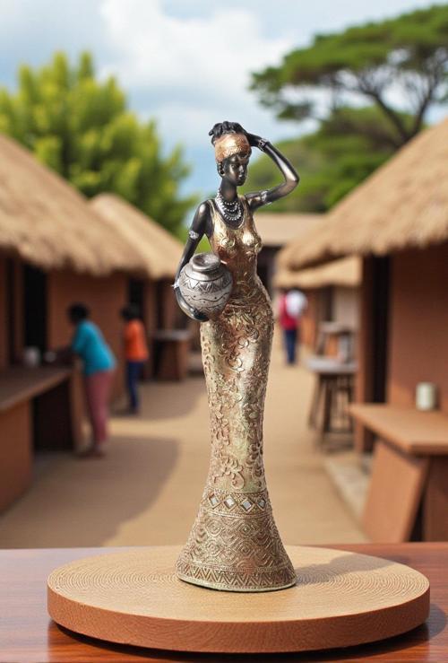 Lüks İşlemeli Geleneksel Yerel Kıyafetli Afrikalı Kadın Heykeli Dekoratif Biblo Ev Ofis Hediyesi Md1