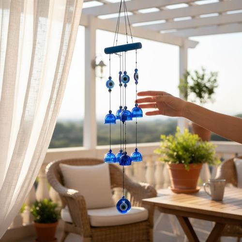 Feng Shui Nazar Boncuğu Rüzgar Çanı Metal Kötü Göze Karşı Dış Mekan Dekoratif Bahçe Kapı Süsü 65 cm.