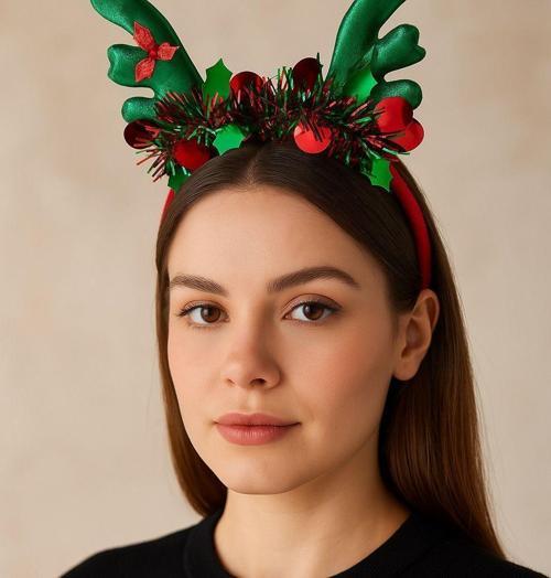 DD599 Yeşil Kırmızı Geyik Boynuzu Yılbaşı Tacı Christmas Hairband
