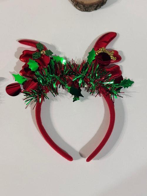 DD603 Kırmızı Geyik Boynuzu Yılbaşı Taç (Kırmızı-Yeşil Detaylı) Christmas Hairband