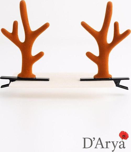 DD598 Kadife Geyik Boynuzu Yılbaşı Klips Saç Tokası (Kahverengi) Christmas Hairband