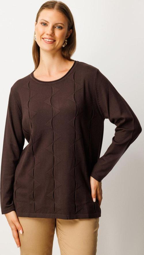 Kadın Büyük Beden Kendinden Desenli Triko Kazak 65329 Kahverengi