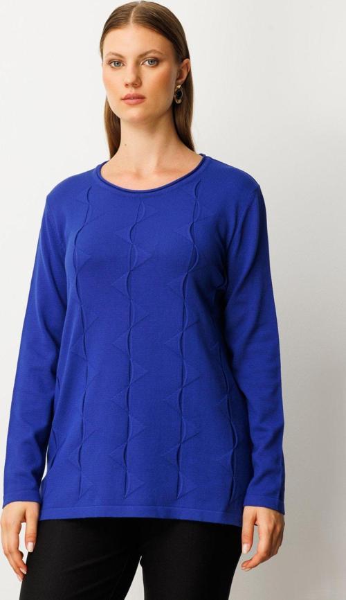 Kadın Büyük Beden Kendinden Desenli Triko Kazak 65329 Saks